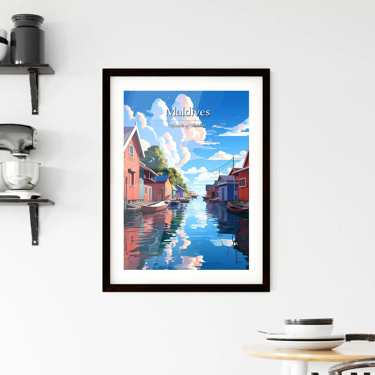 Maldives, Republic of Maldives - Art print of a water way with boats and houses Custom Print