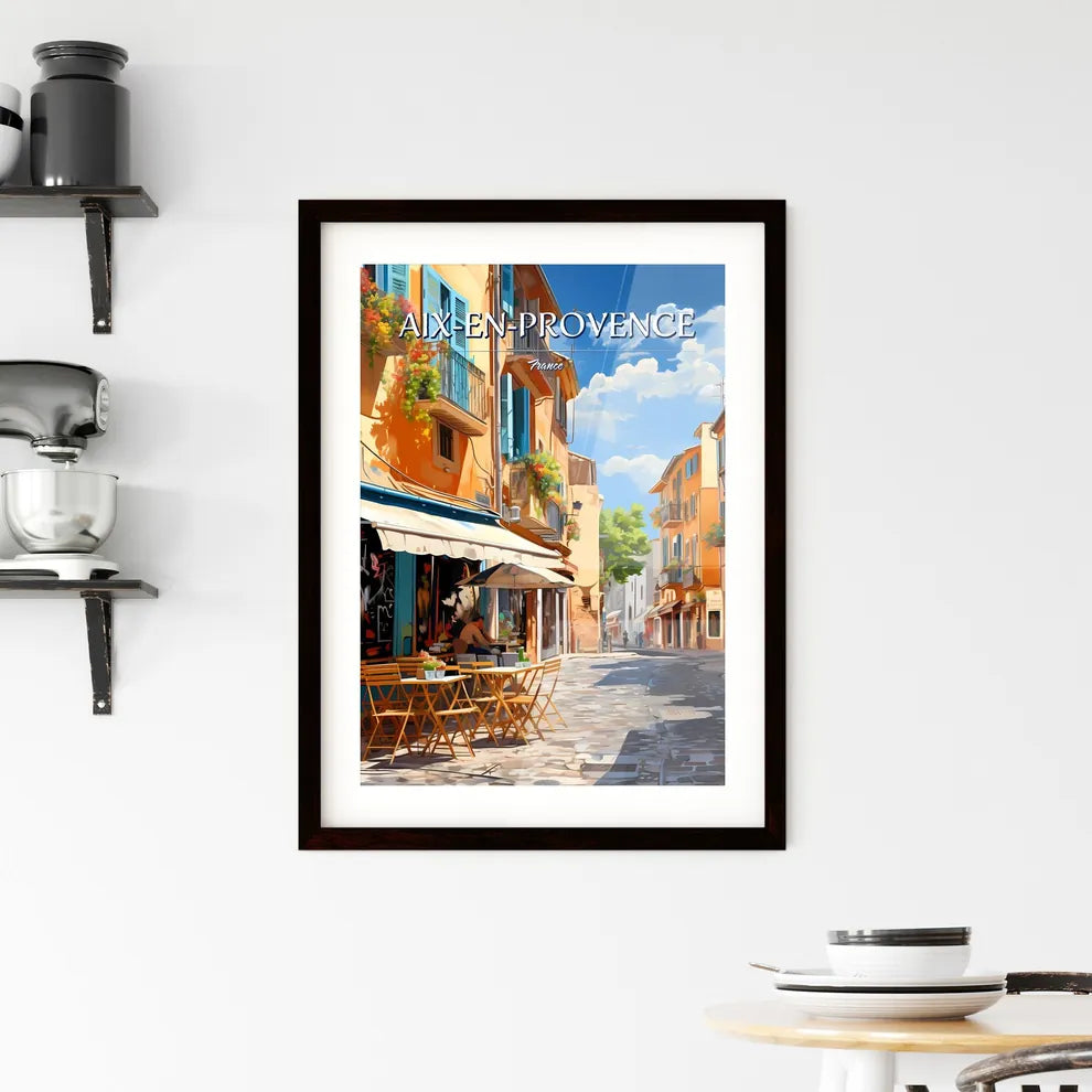 Aix-en-Provence, France - Art print of a street with tables and chairs and a couple of buildings Custom Print