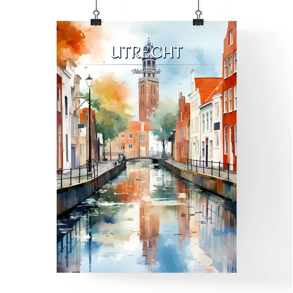 Utrecht, Netherlands - Art print of a water canal with a tower in the background Poster