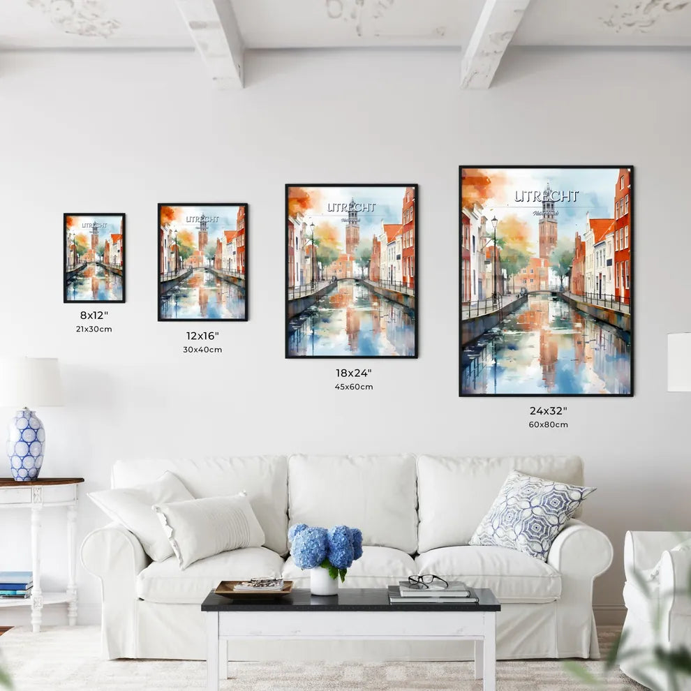 Utrecht, Netherlands - Art print of a water canal with a tower in the background Size Chart
