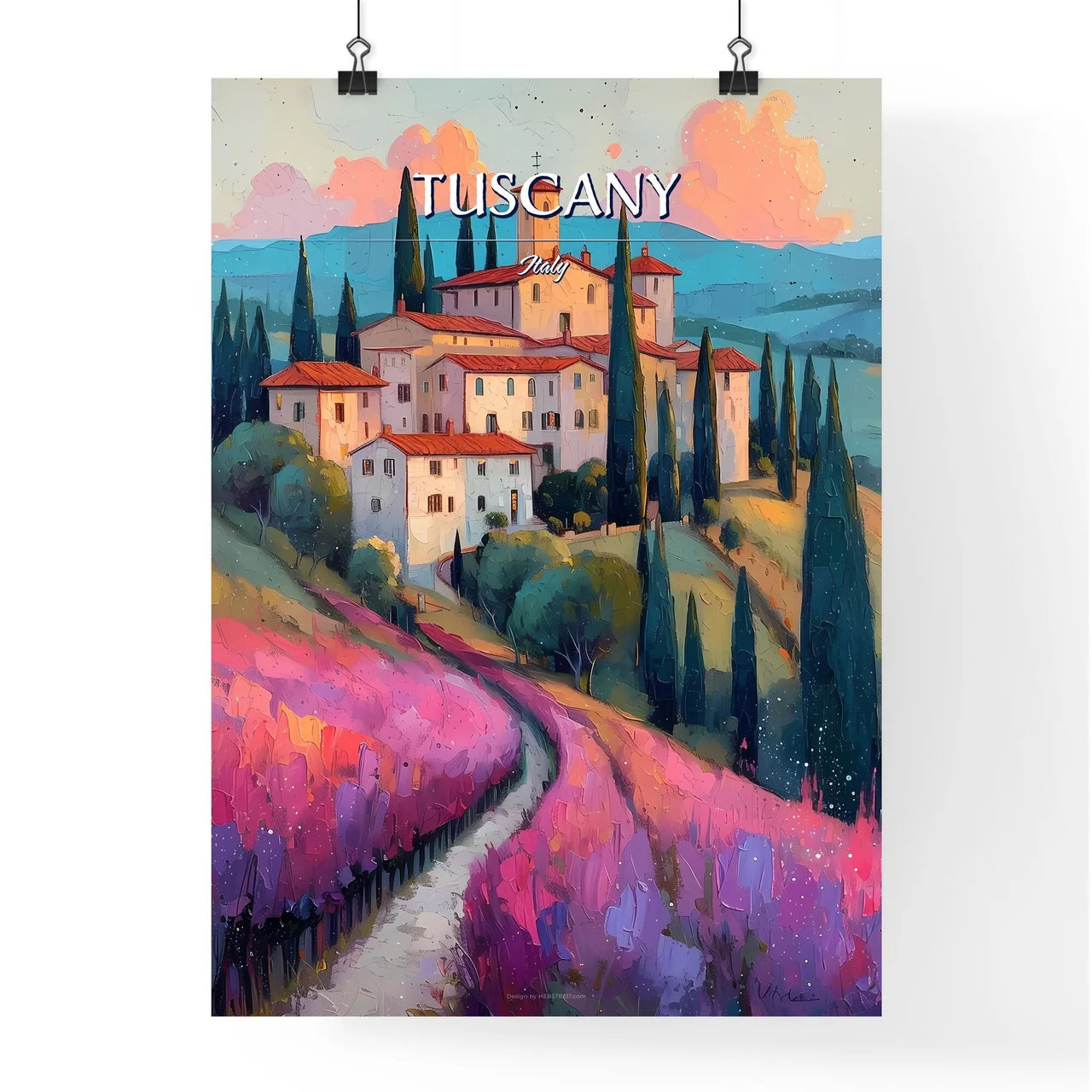 Tuscany, Italy - Art print of a painting of a house on a hill with trees and a road Poster