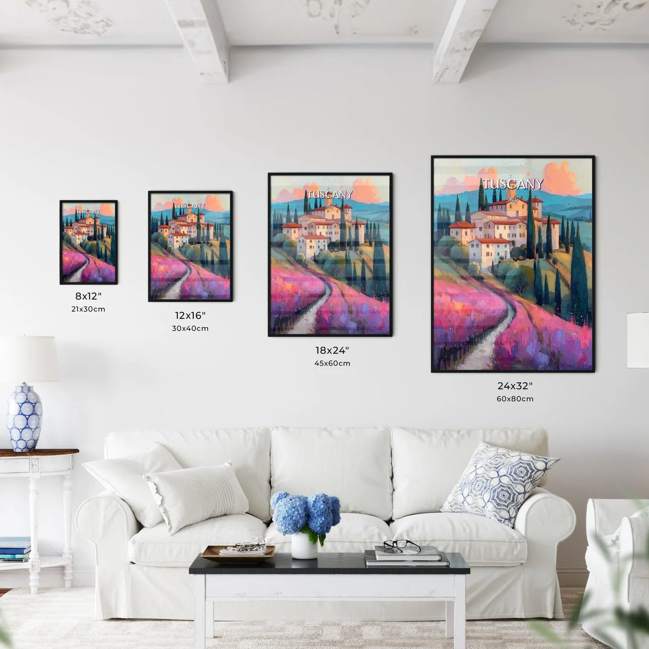 Tuscany, Italy - Art print of a painting of a house on a hill with trees and a road Size Chart