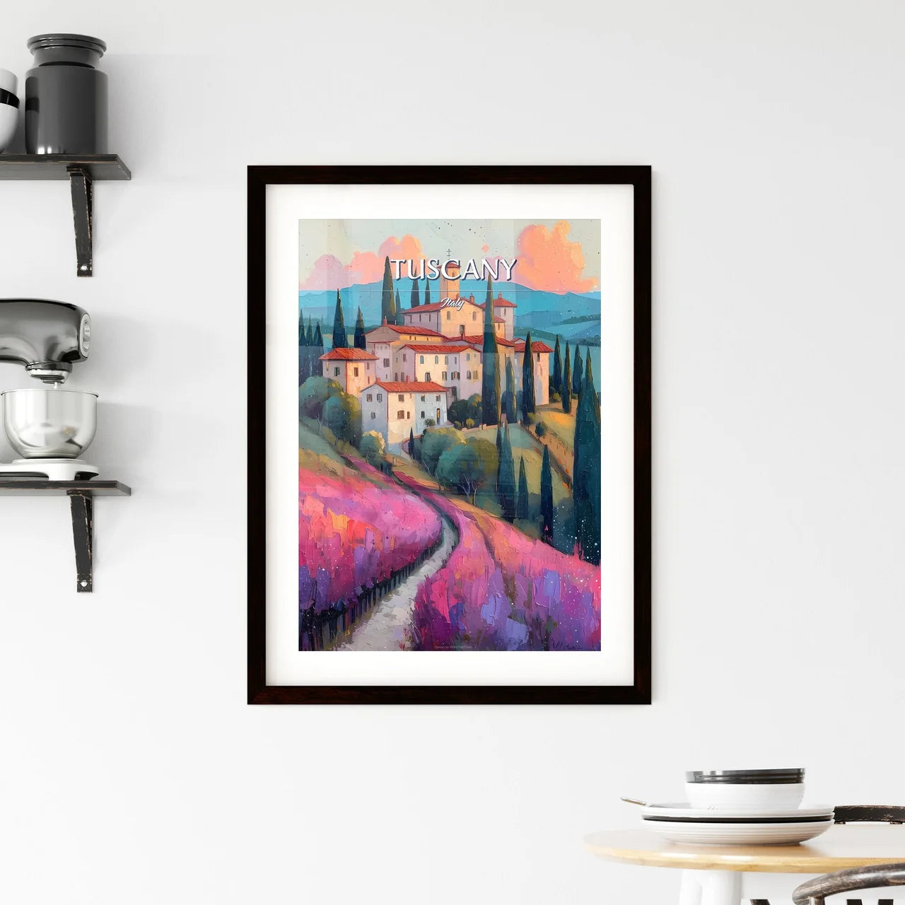 Tuscany, Italy - Art print of a painting of a house on a hill with trees and a road Custom Print