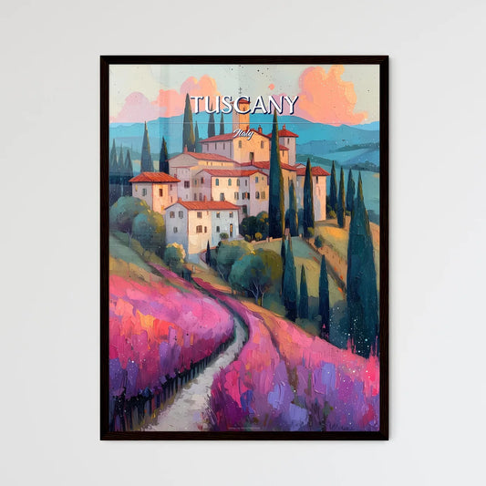 Tuscany, Italy - Art print of a painting of a house on a hill with trees and a road Framed Art