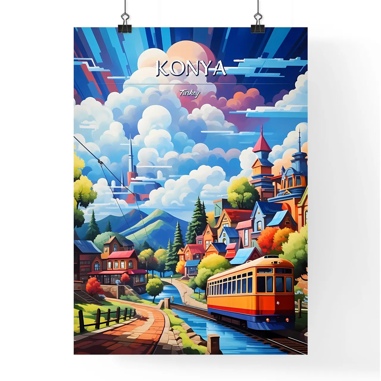 Konya, Turkey - Art print of a painting of a train going through a town Poster