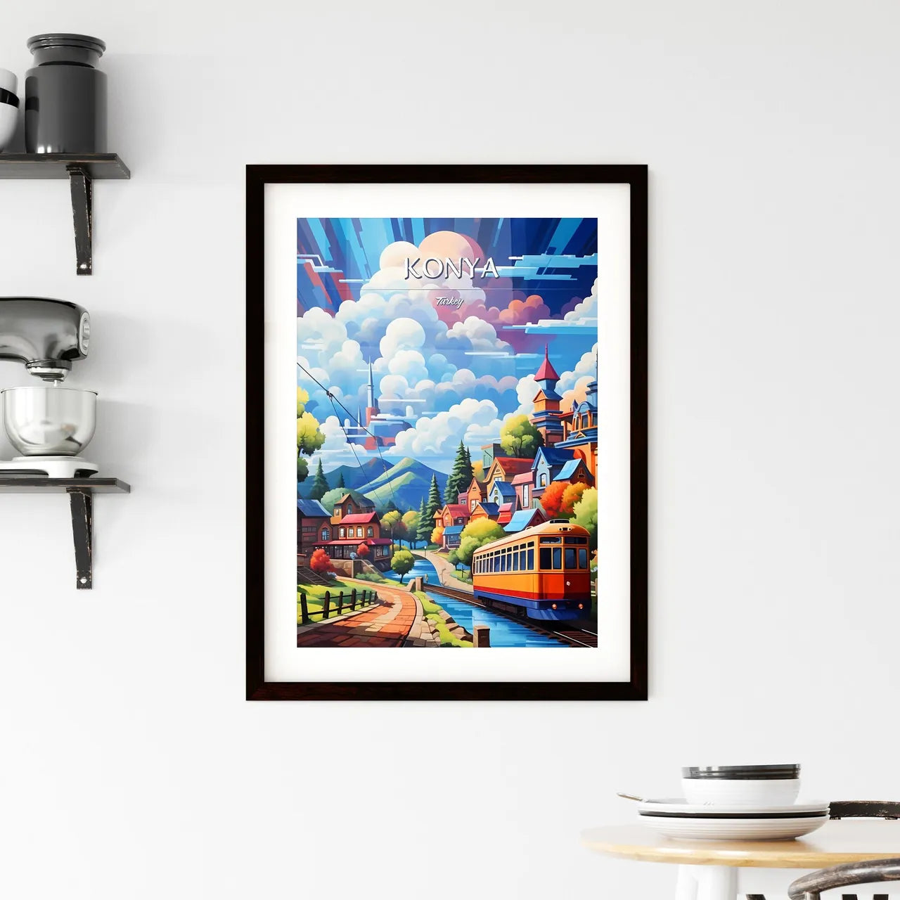 Konya, Turkey - Art print of a painting of a train going through a town Custom Print