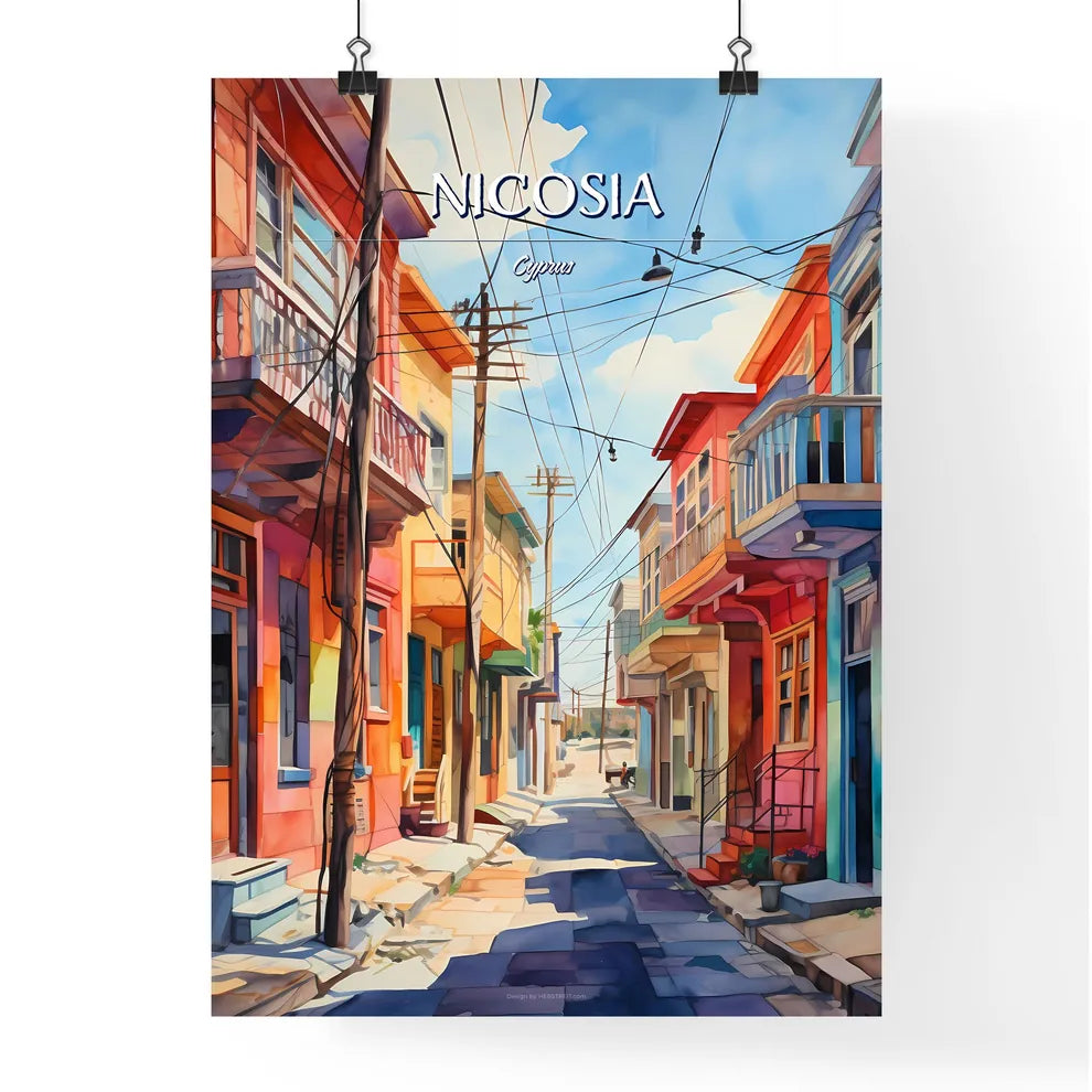 Nicosia, Cyprus - Art print of a watercolor of a street with colorful buildings Poster