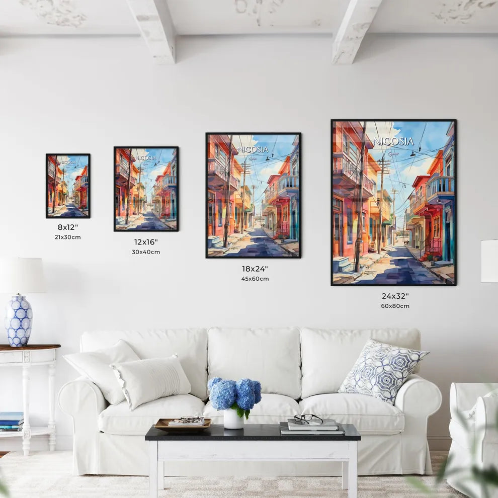 Nicosia, Cyprus - Art print of a watercolor of a street with colorful buildings Size Chart