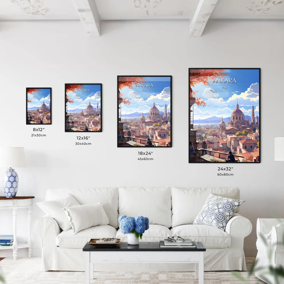 Ankara, Turkey - Art print of a city with a building and mountains in the background Size Chart