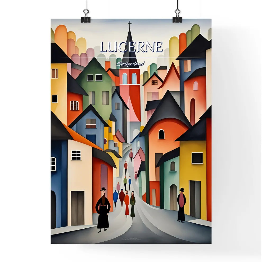 Lucerne, Switzerland - Art print of a painting of a street with people walking down it Poster