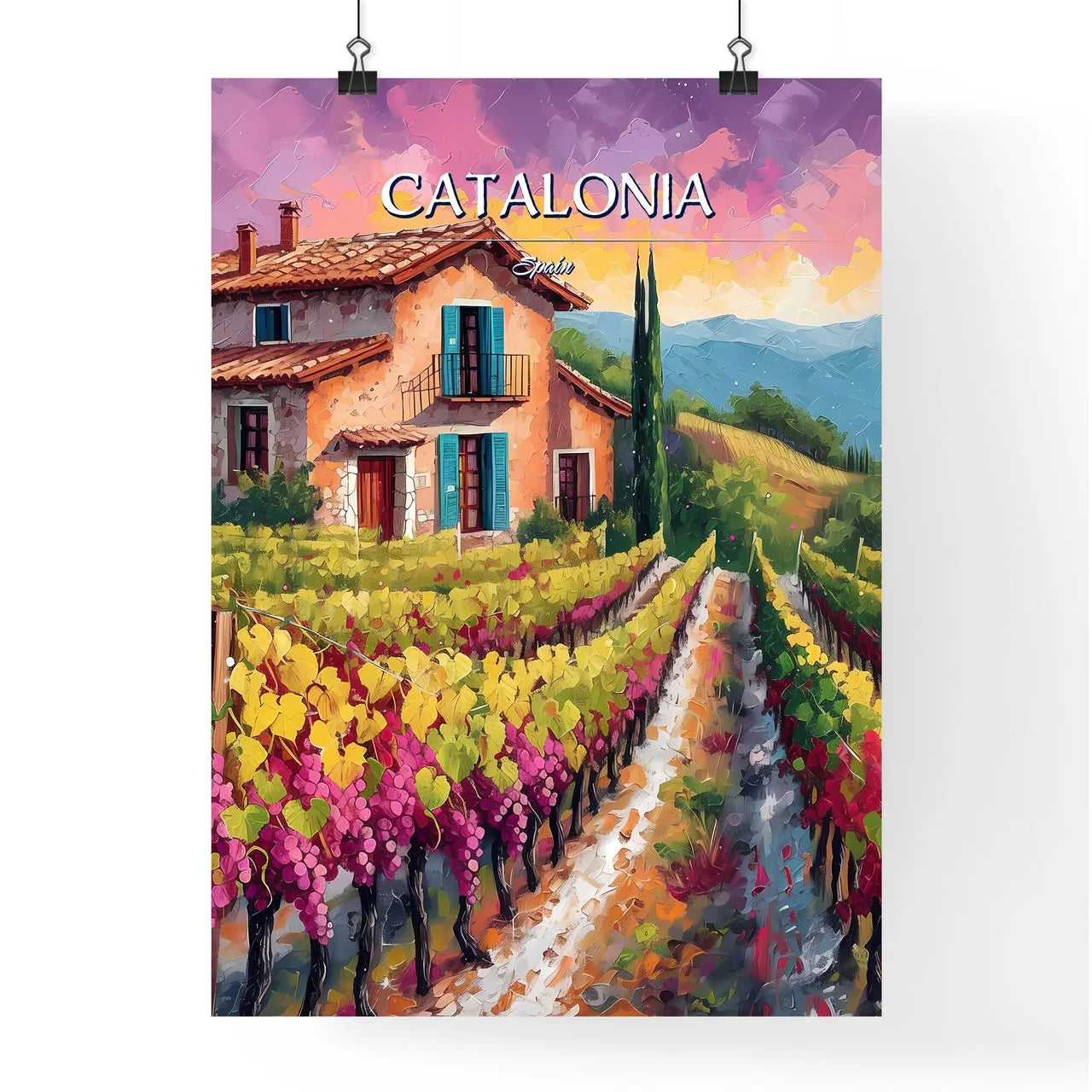 Catalonia, Spain - Art print of a painting of a house and vineyard Poster