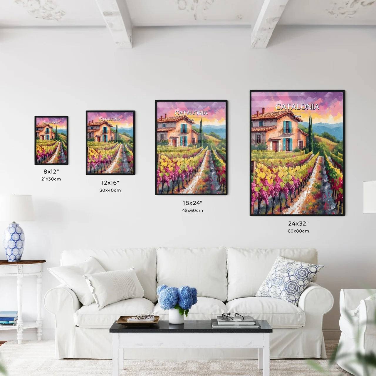 Catalonia, Spain - Art print of a painting of a house and vineyard Size Chart