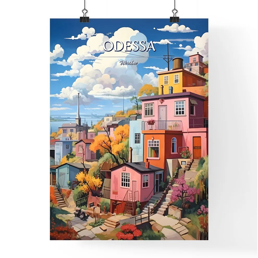 Odessa, Ukraine - Art print of a colorful houses on a hill Poster
