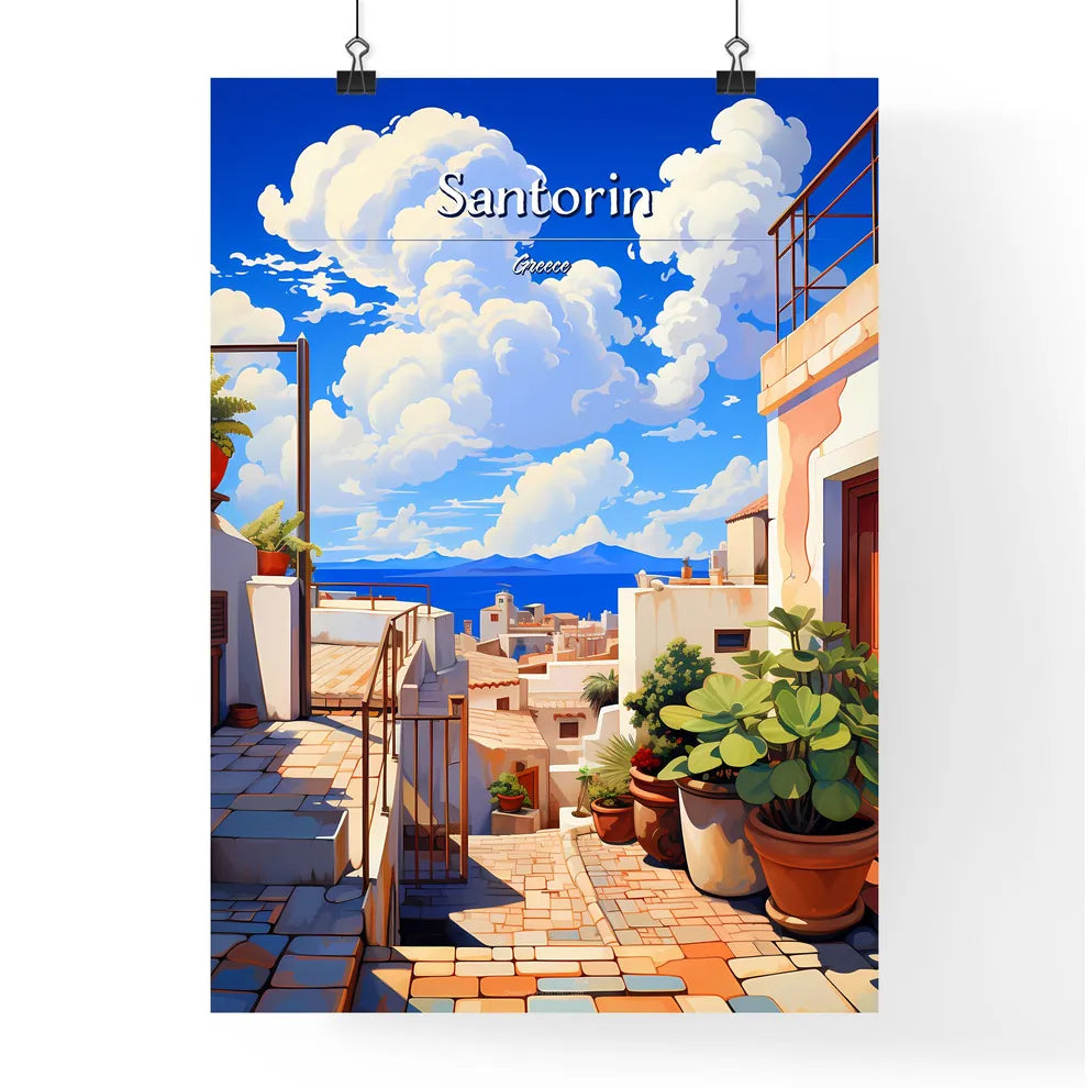 On the roofs of Santorin, Greece - Art print of a street with plants and buildings on the side Poster