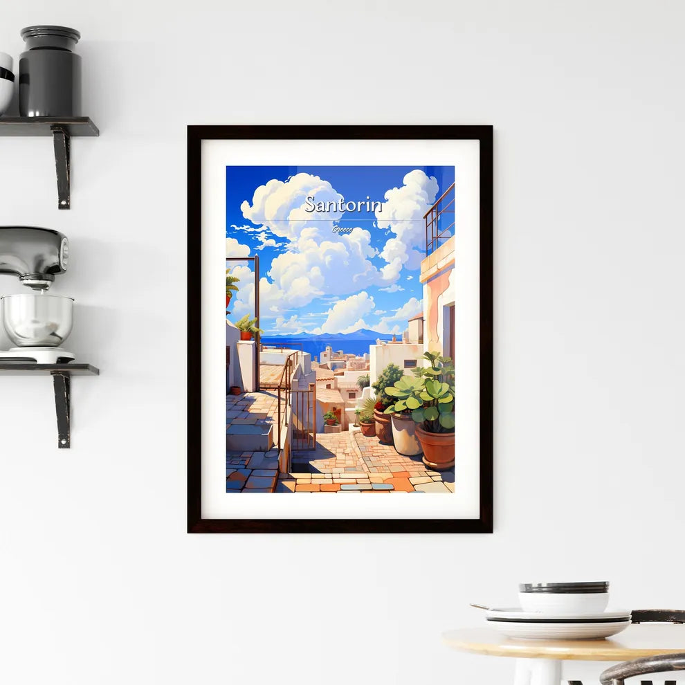 On the roofs of Santorin, Greece - Art print of a street with plants and buildings on the side Custom Print