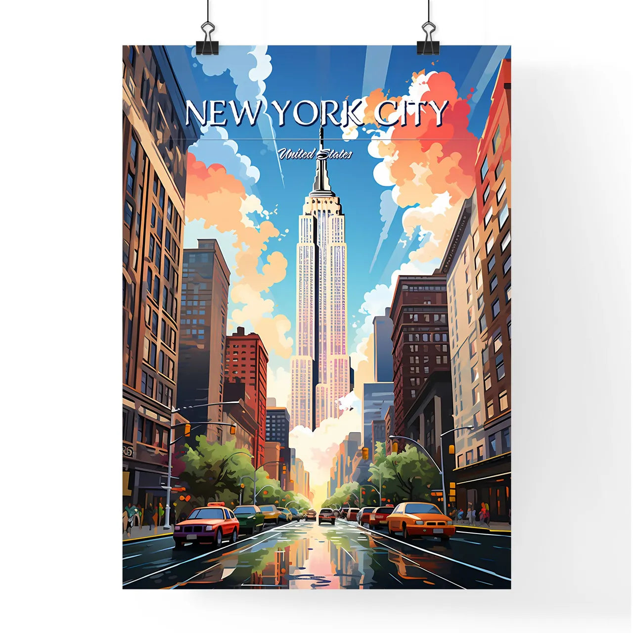New York City - Art print of a city street with cars and a tall building Poster