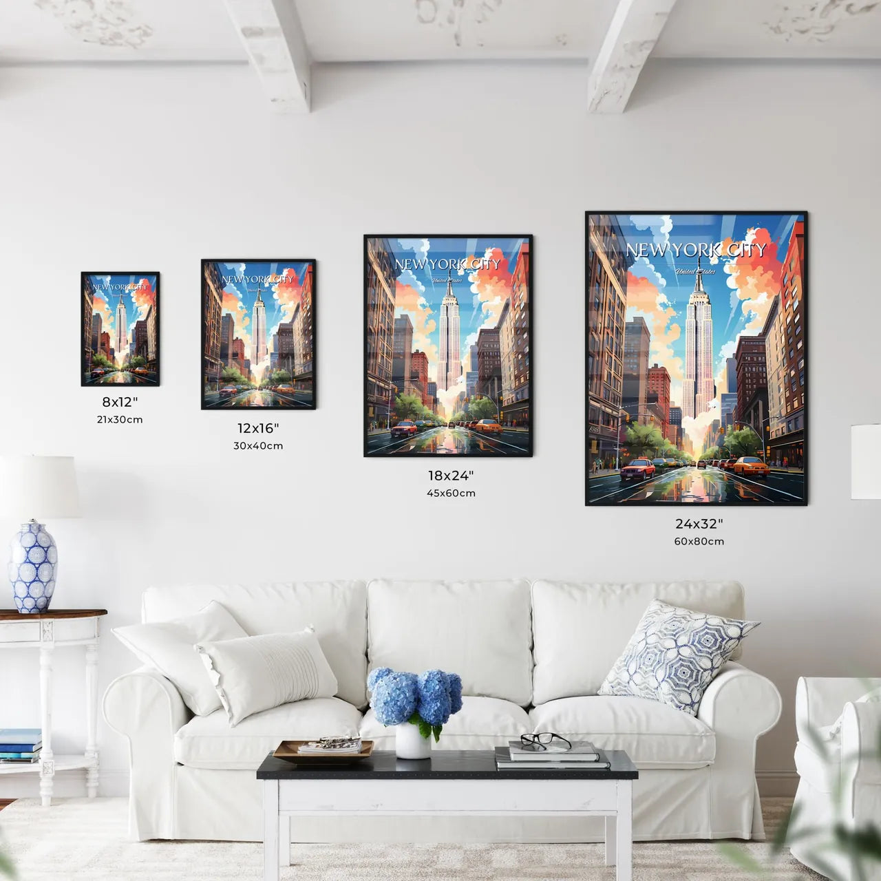 New York City - Art print of a city street with cars and a tall building Size Chart