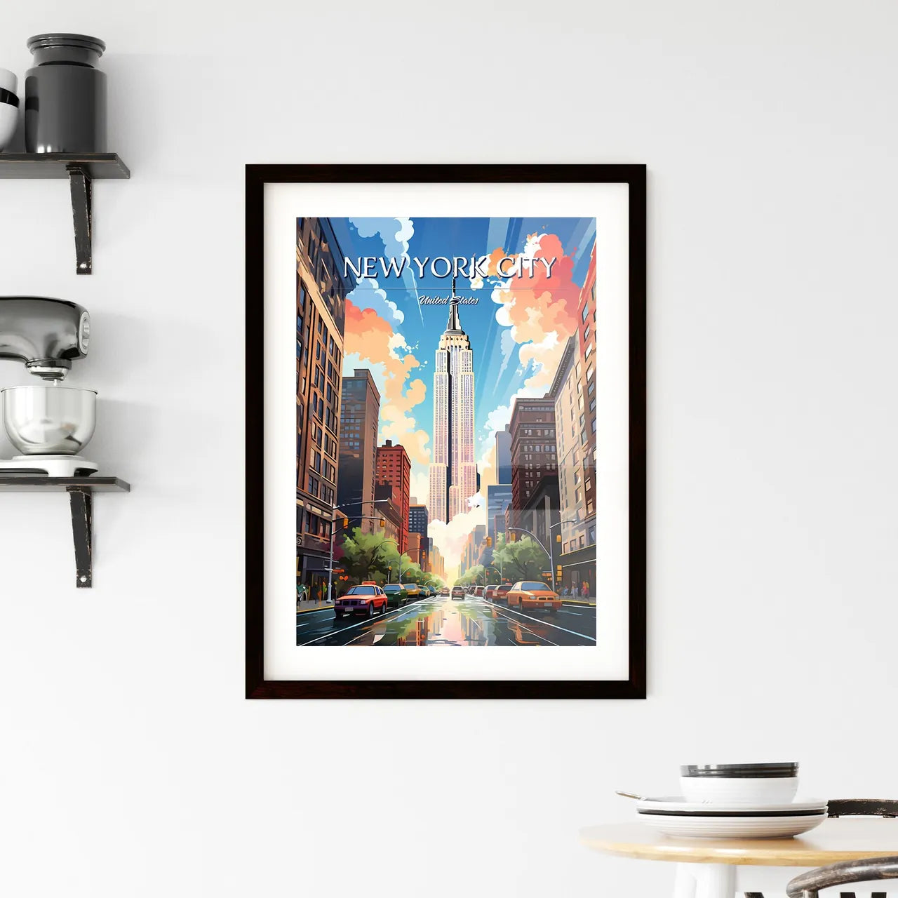 New York City - Art print of a city street with cars and a tall building Custom Print