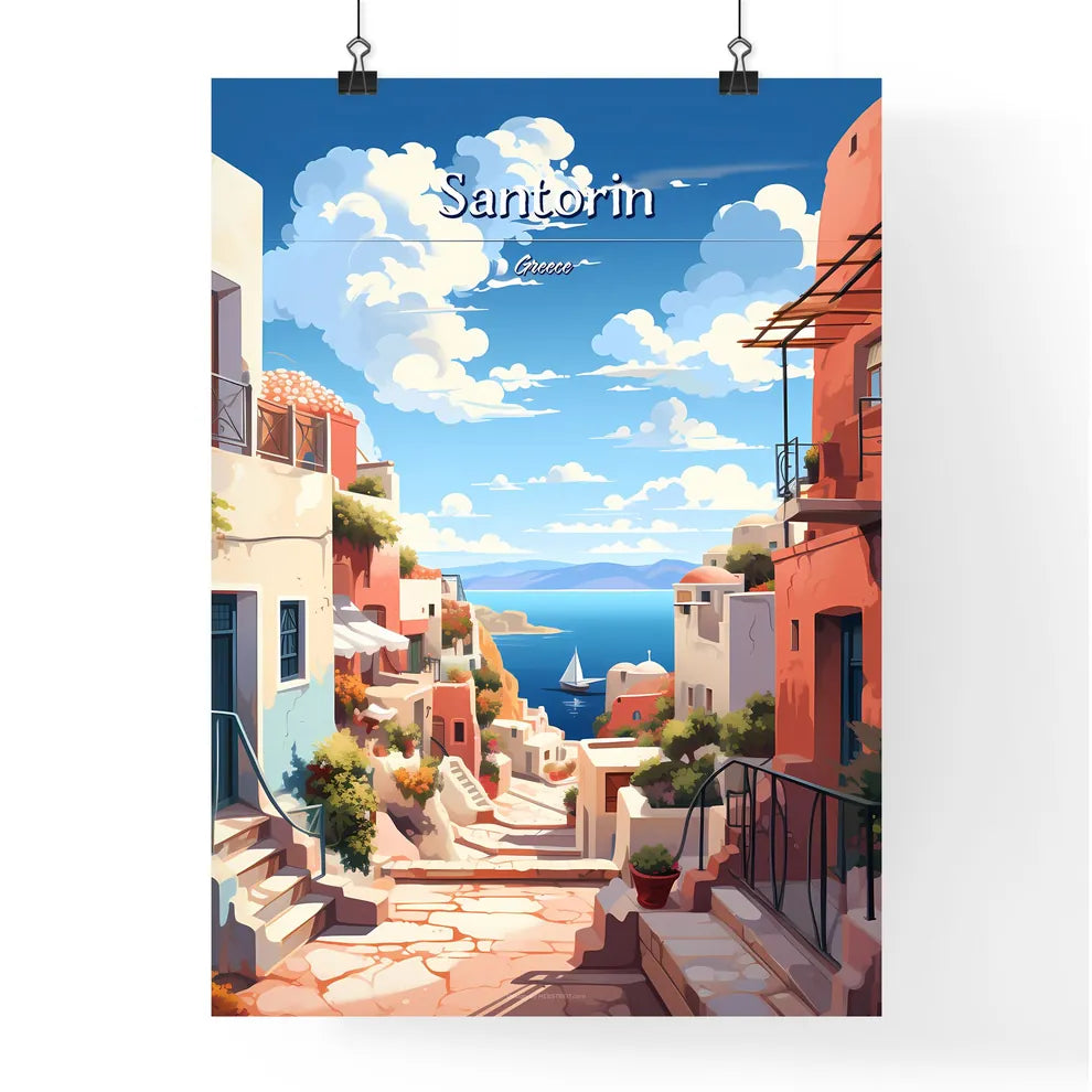 Santorin, Greece - Art print of a painting of a street with buildings and a body of water Poster