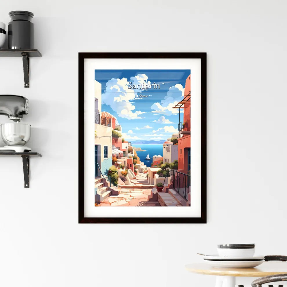 Santorin, Greece - Art print of a painting of a street with buildings and a body of water Custom Print