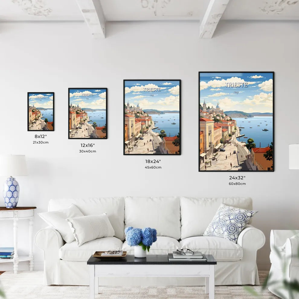 Trieste, Italy - Art print of a city by the water Size Chart
