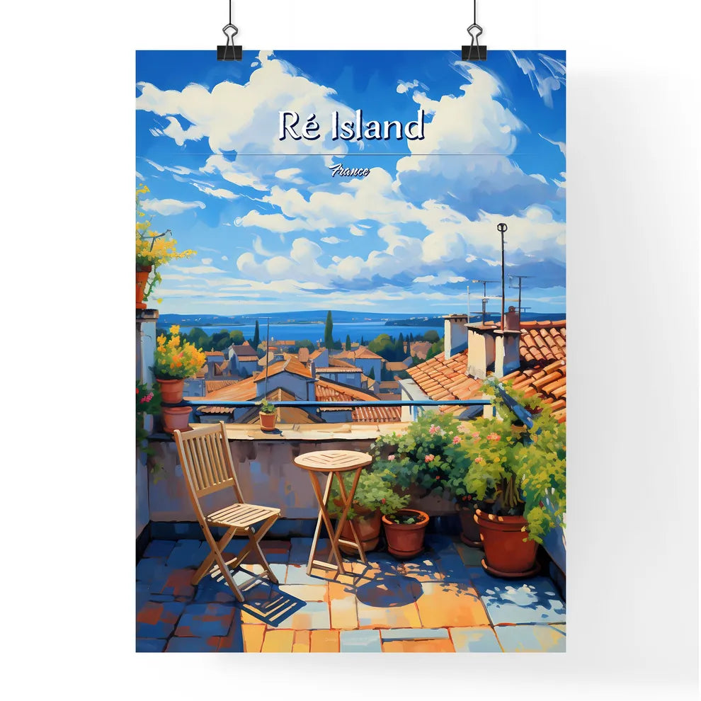 On the roofs of Ré Island, France - Art print of a rooftop with chairs and potted plants Poster