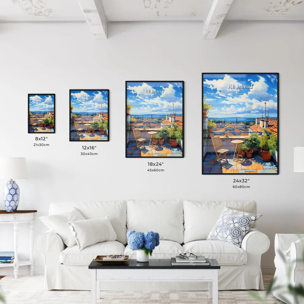 On the roofs of Ré Island, France - Art print of a rooftop with chairs and potted plants Size Chart