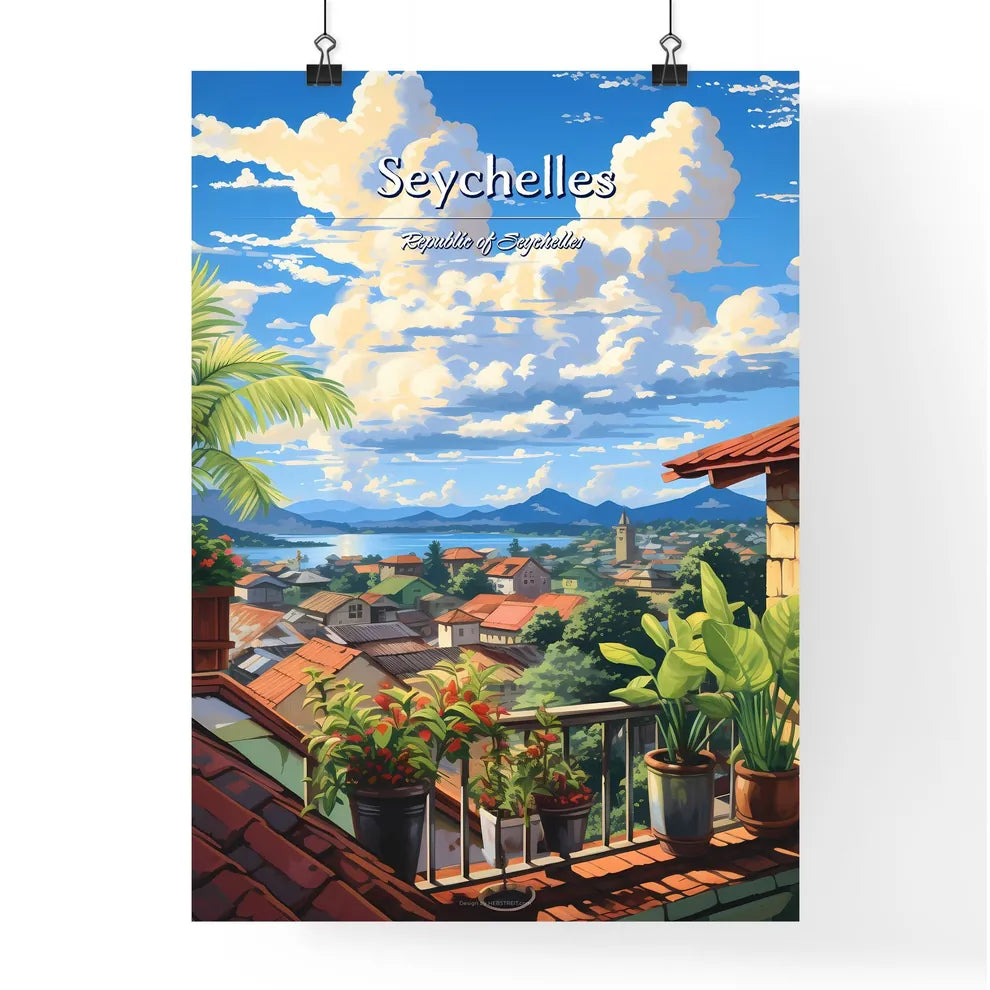 On the roofs of Seychelles, Republic of Seychelles - Art print of a view of a town from a balcony Poster