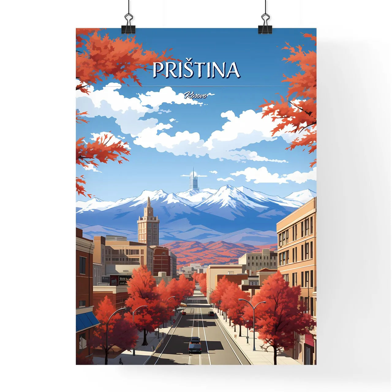 Priština, Kosovo - Art print of a city street with trees and mountains in the background Poster