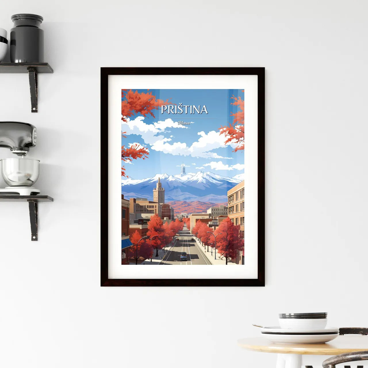 Priština, Kosovo - Art print of a city street with trees and mountains in the background Custom Print