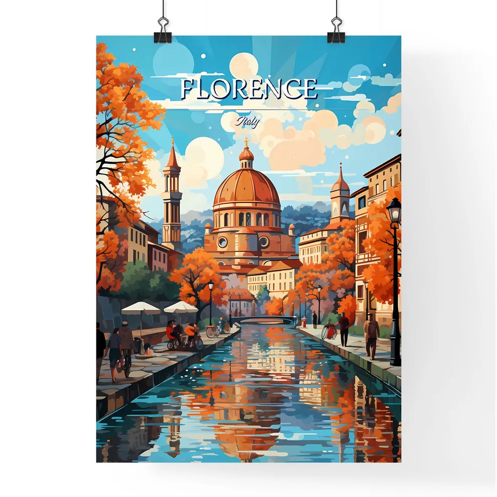 Florence, Italy - Art print of a water canal with a building in the background Poster