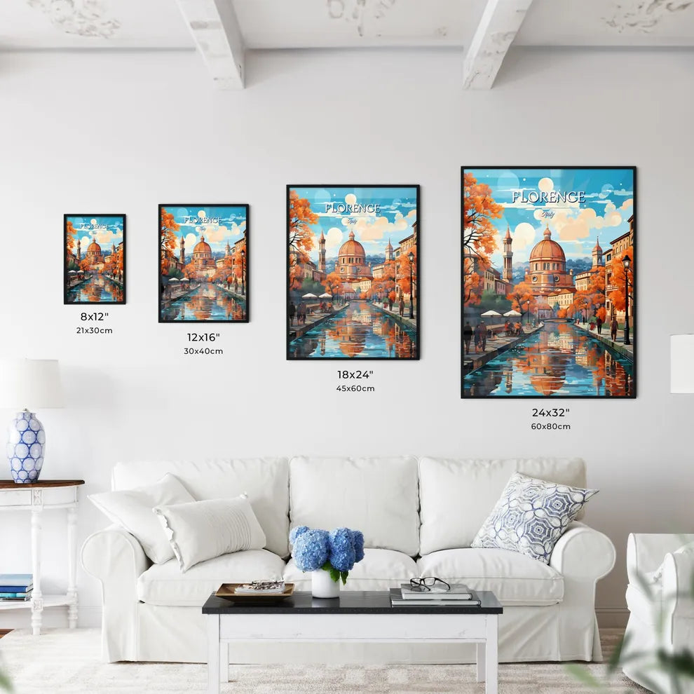 Florence, Italy - Art print of a water canal with a building in the background Size Chart