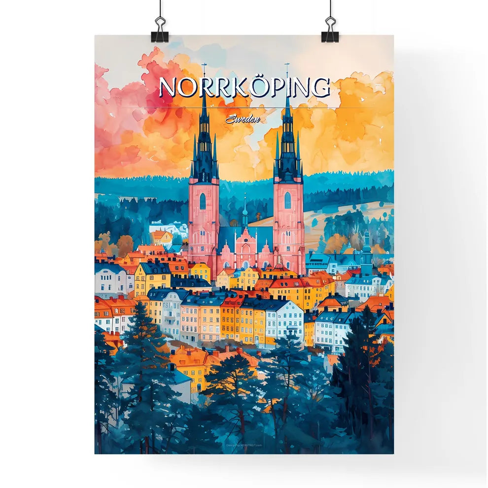 Norrköping, Sweden, - Art print of a watercolor painting of a city with a large church Poster
