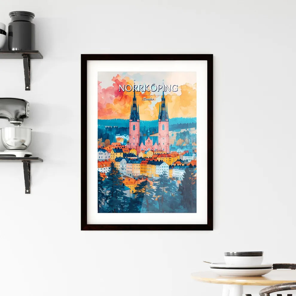 Norrköping, Sweden, - Art print of a watercolor painting of a city with a large church Custom Print