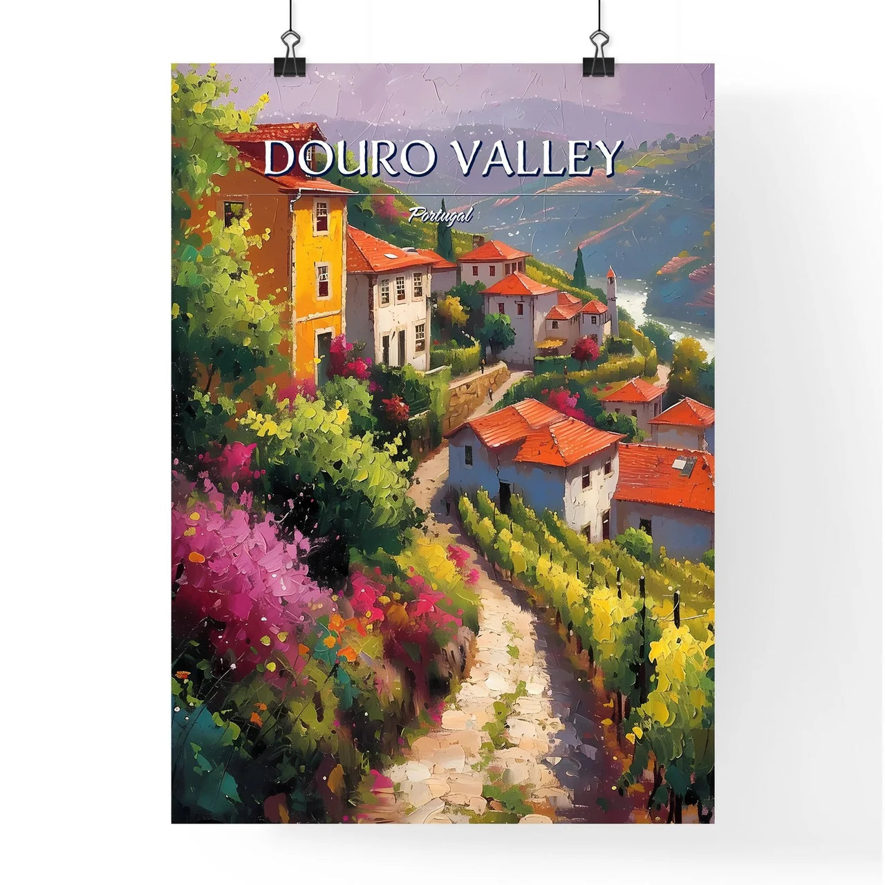 Douro Valley, Portugal - Art print of a painting of a village with red roofs and a river Poster