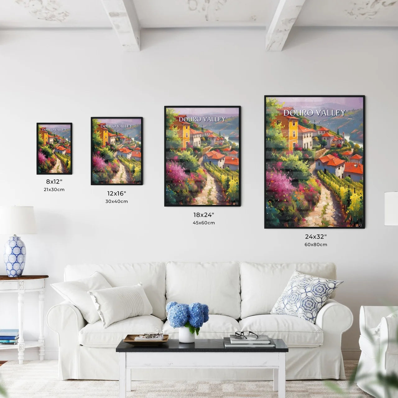 Douro Valley, Portugal - Art print of a painting of a village with red roofs and a river Size Chart