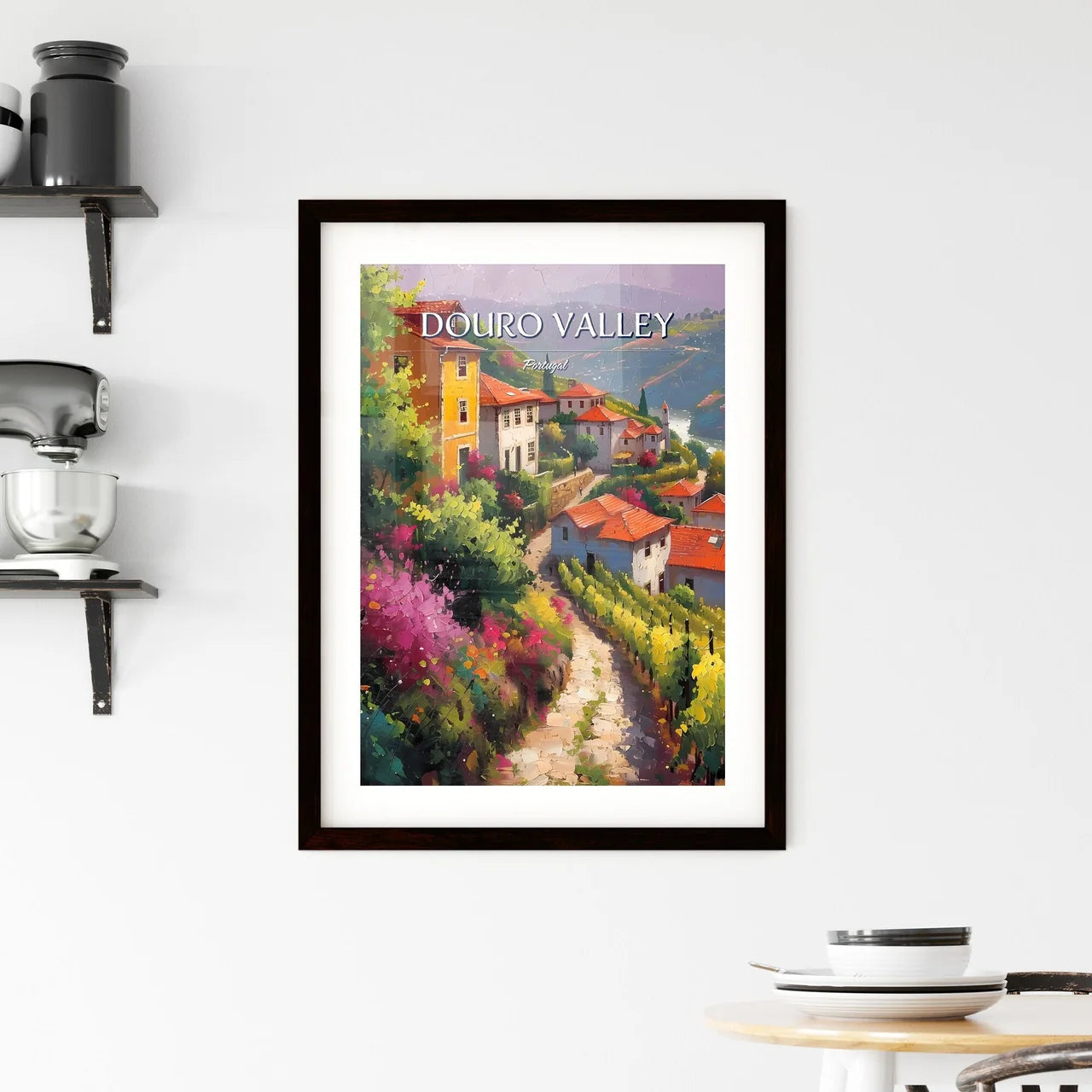 Douro Valley, Portugal - Art print of a painting of a village with red roofs and a river Custom Print