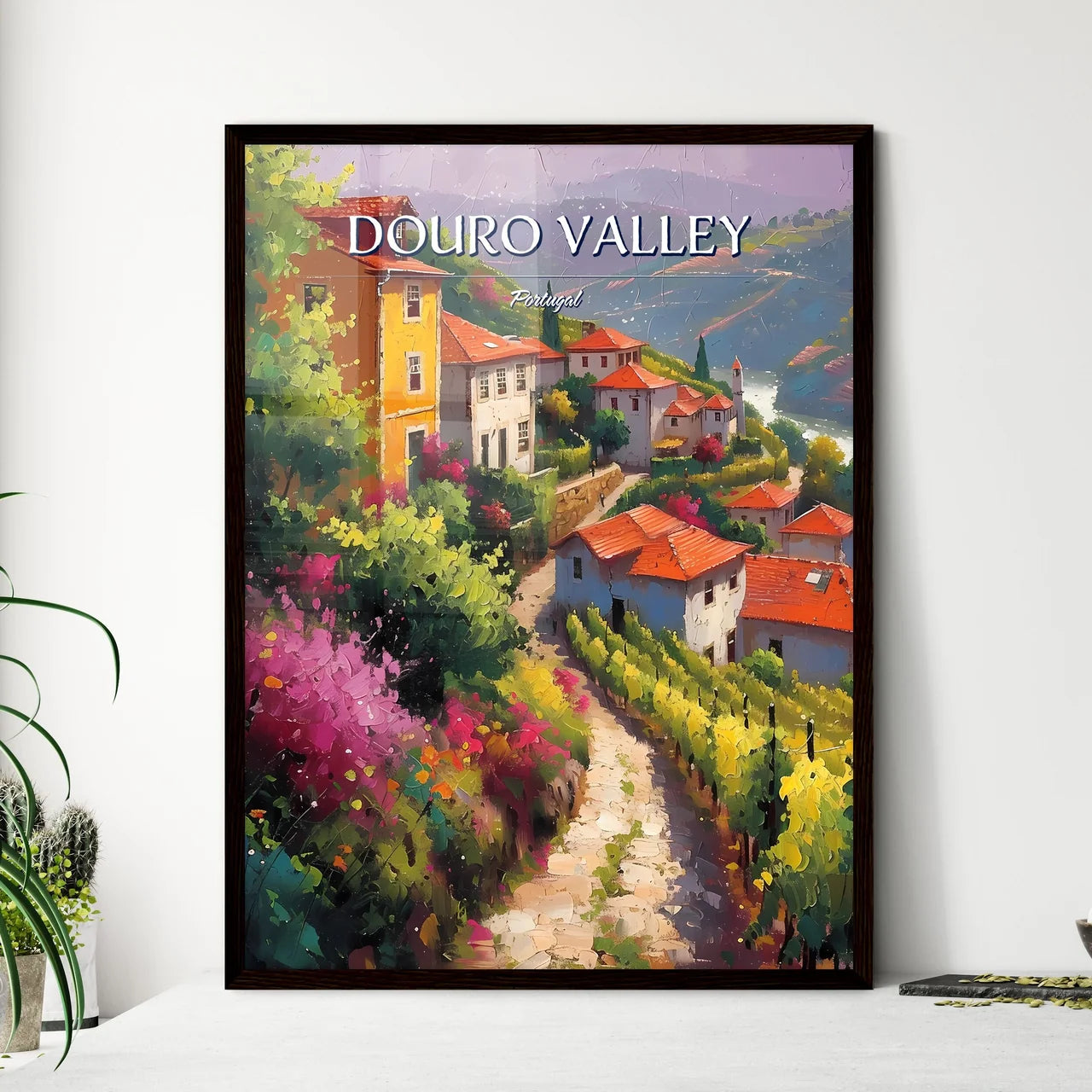 Douro Valley, Portugal - Art print of a painting of a village with red roofs and a river Framed Art