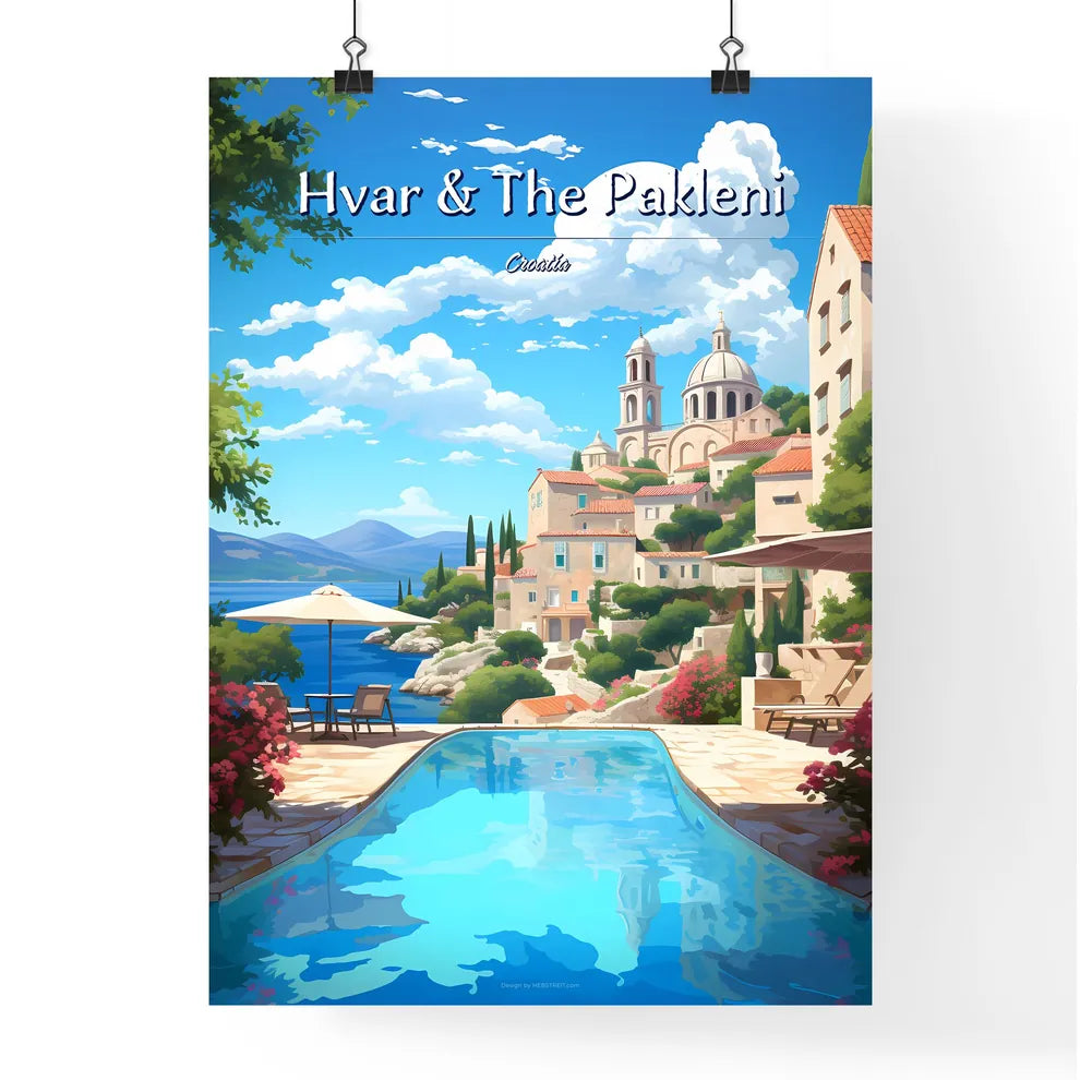 Hvar & The Pakleni Islands, Croatia - Art print of a pool with a building and a church in the background Poster