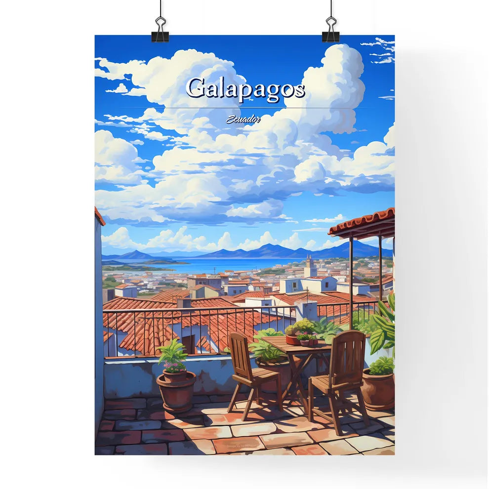 On the roofs of Galapagos, Ecuador - Art print of a balcony with a table and chairs and a view of a city Poster