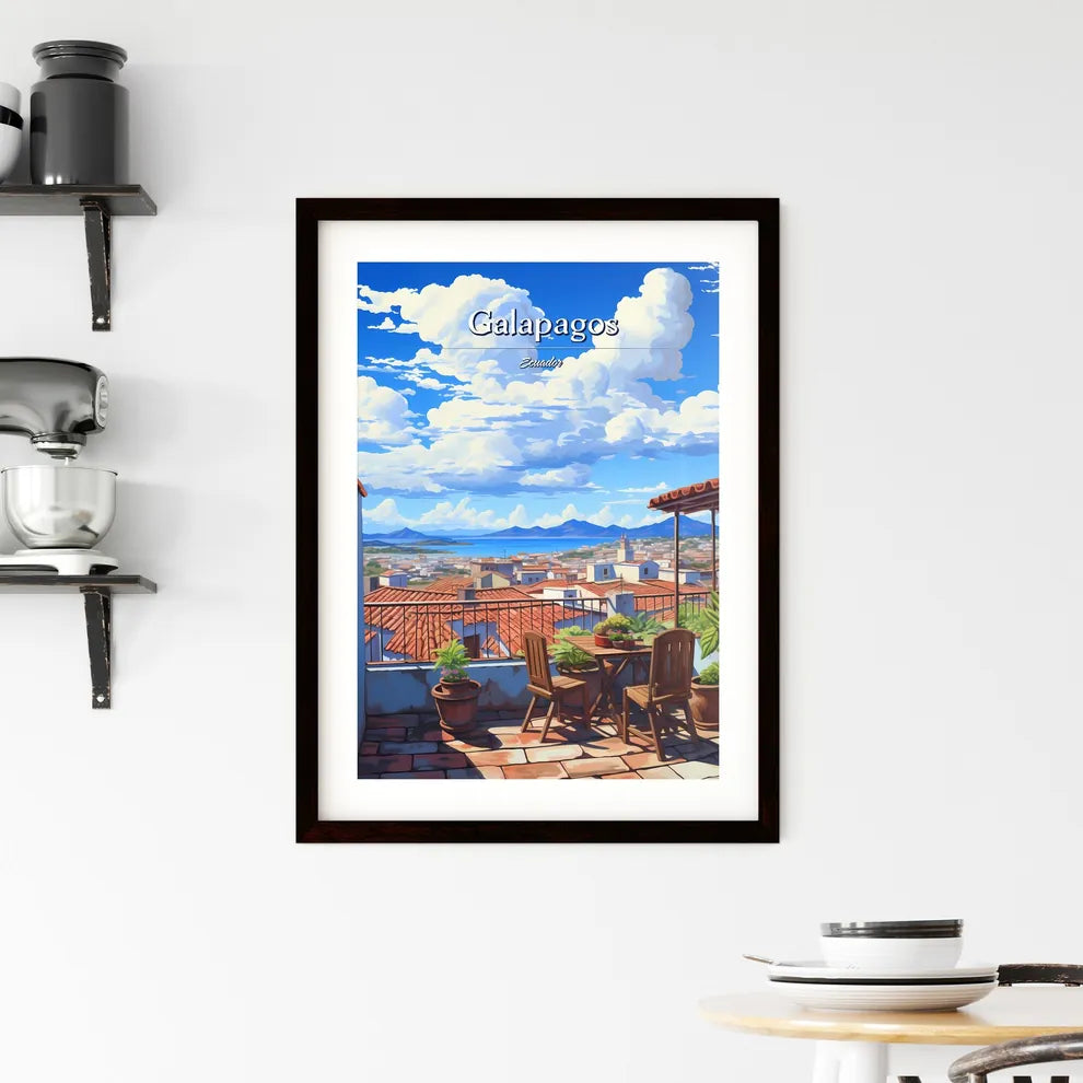 On the roofs of Galapagos, Ecuador - Art print of a balcony with a table and chairs and a view of a city Custom Print