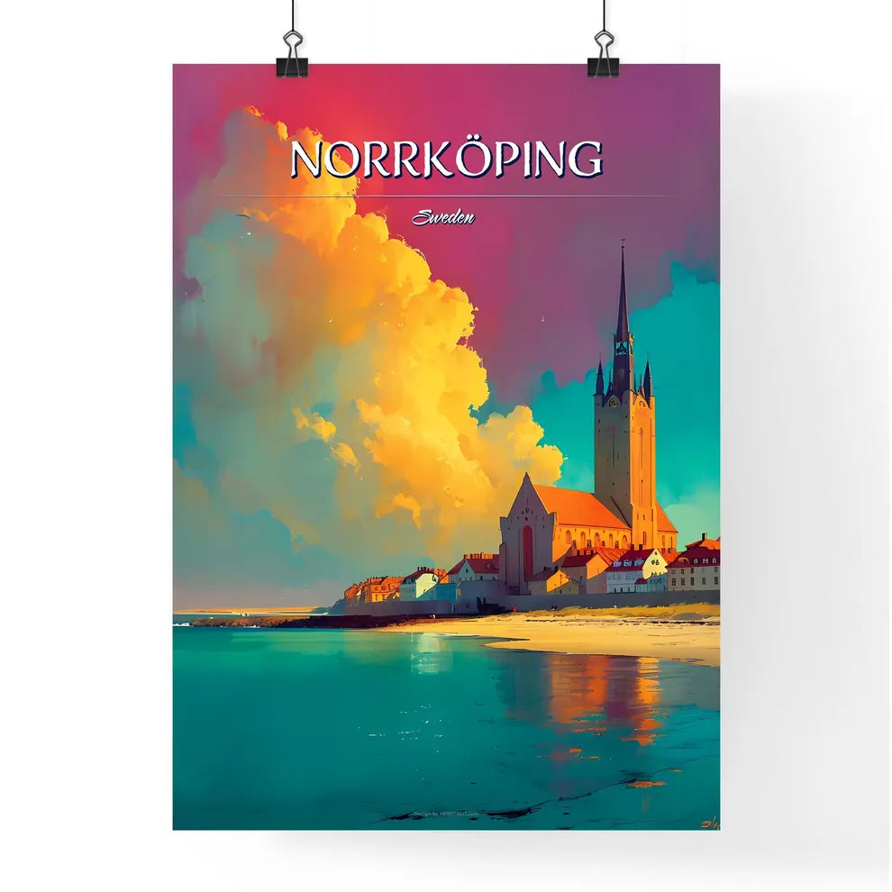Norrköping, Sweden, - Art print of a building with a tower and a body of water Poster