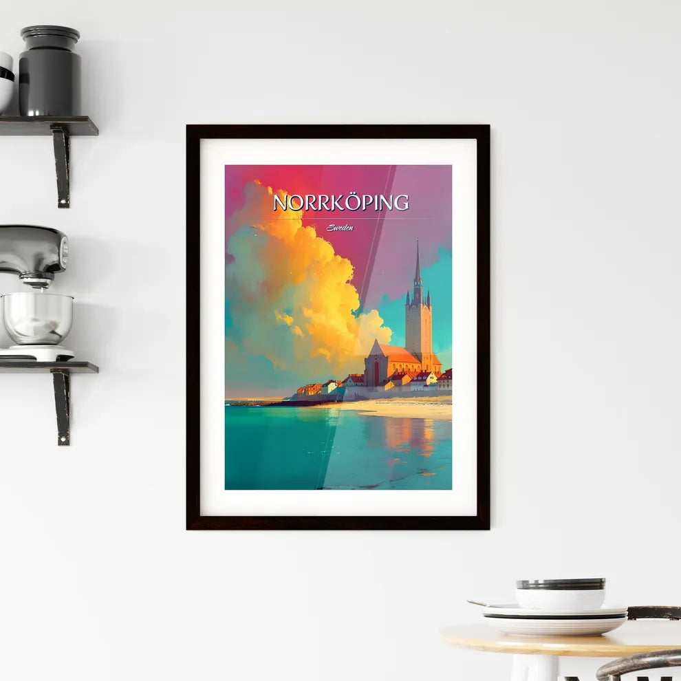 Norrköping, Sweden, - Art print of a building with a tower and a body of water Custom Print