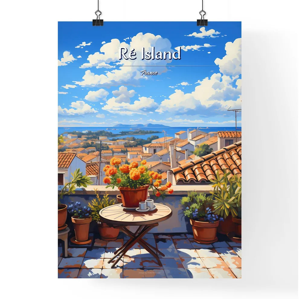 On the roofs of Ré Island, France - Art print of a table with flowers on it and a rooftop with a view of the sea and blue sky Poster