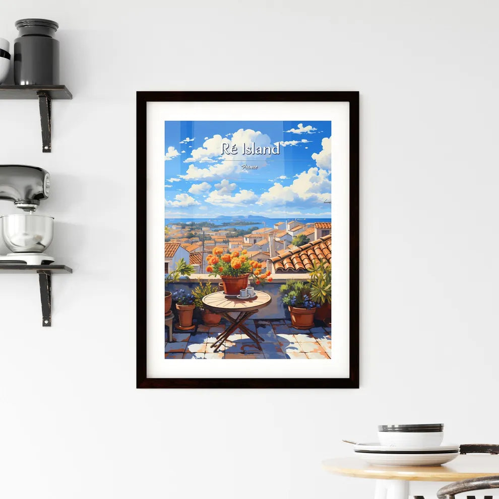 On the roofs of Ré Island, France - Art print of a table with flowers on it and a rooftop with a view of the sea and blue sky Custom Print