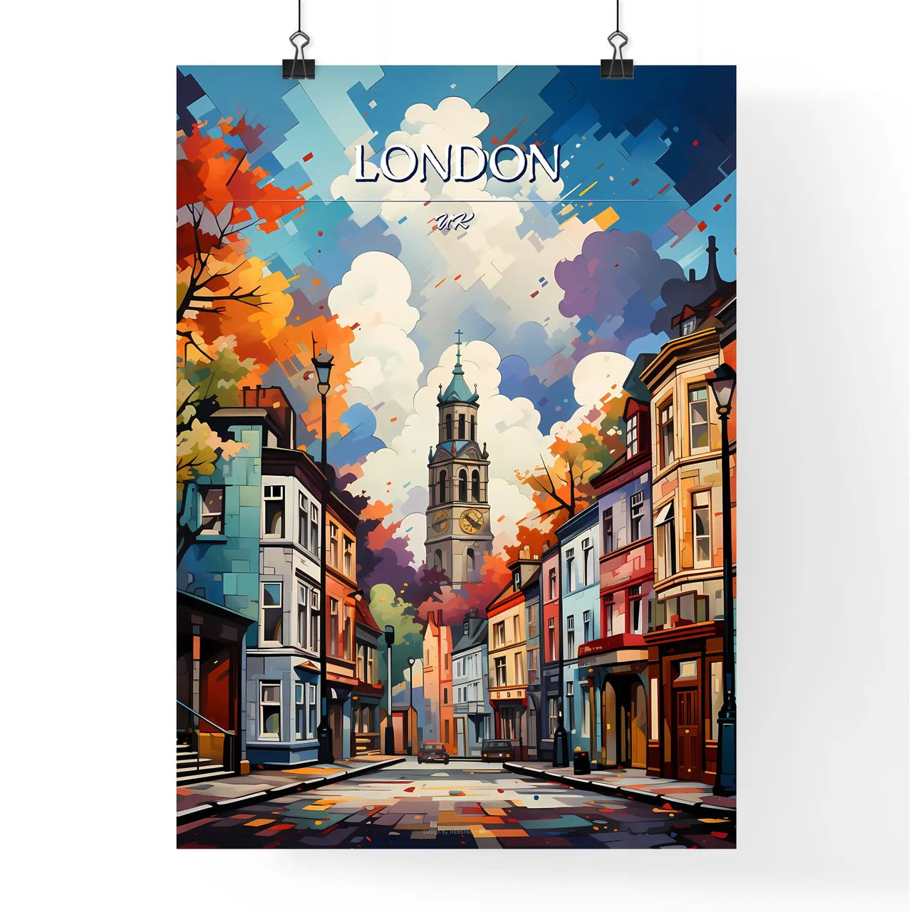 London, UK - Art print of a street with a clock tower in the background Poster