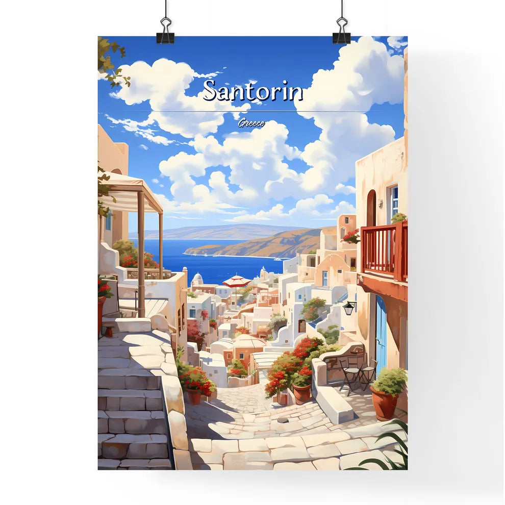Santorin, Greece - Art print of a street with buildings and a body of water Poster