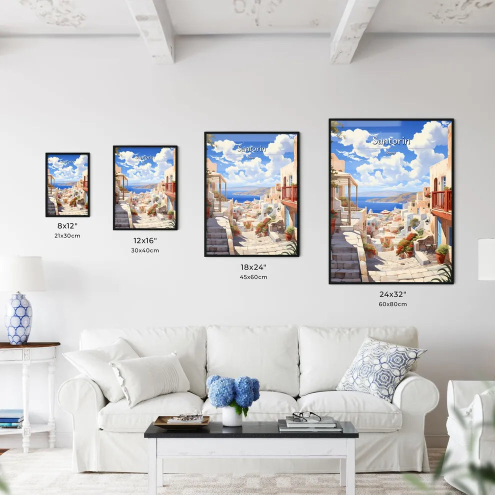 Santorin, Greece - Art print of a street with buildings and a body of water Size Chart