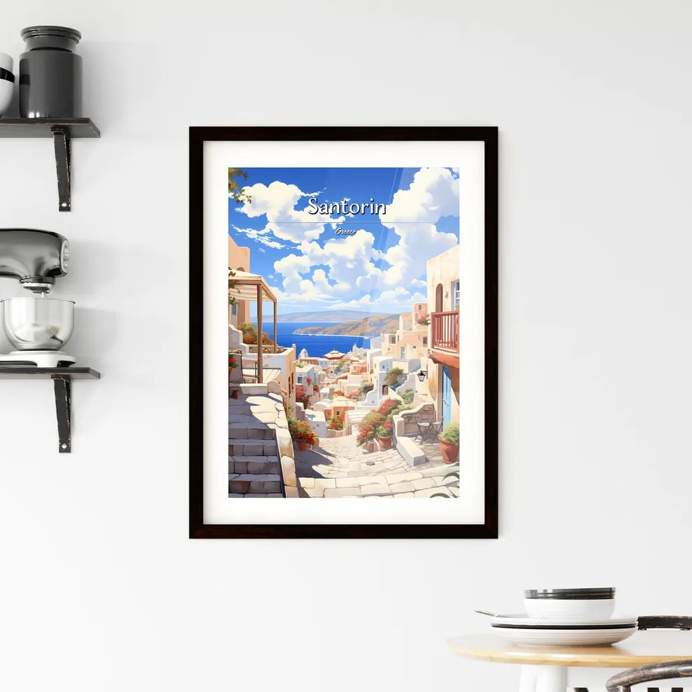 Santorin, Greece - Art print of a street with buildings and a body of water Custom Print