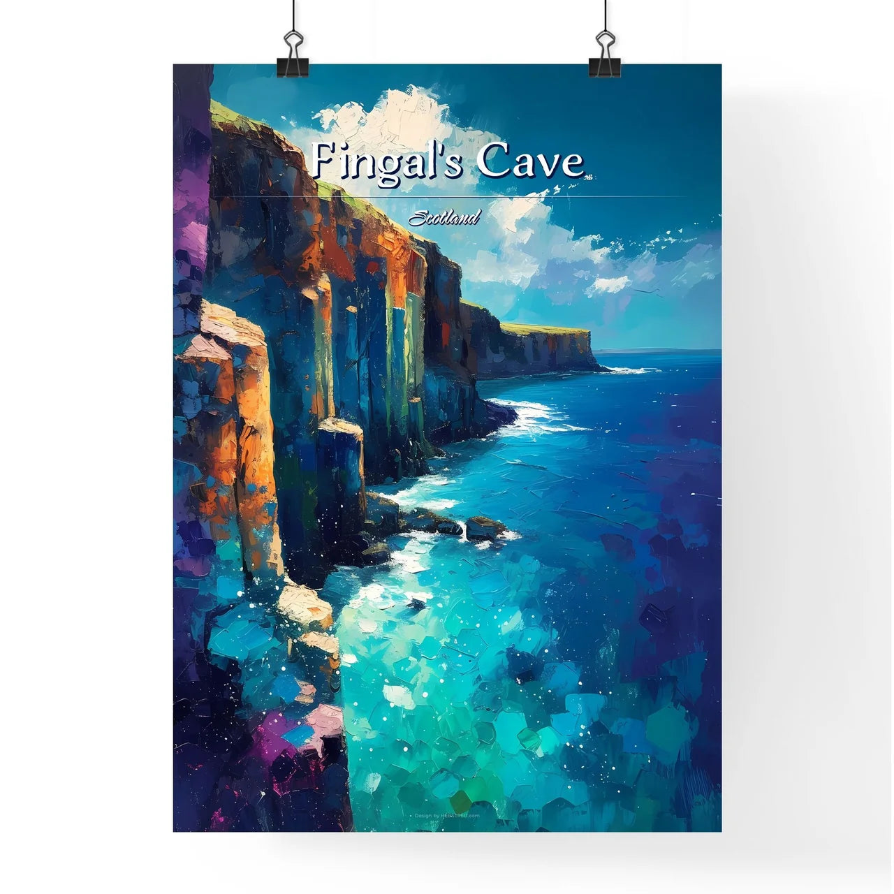 Fingal's Cave, Scotland - Art print of a painting of a cliff by the ocean Poster